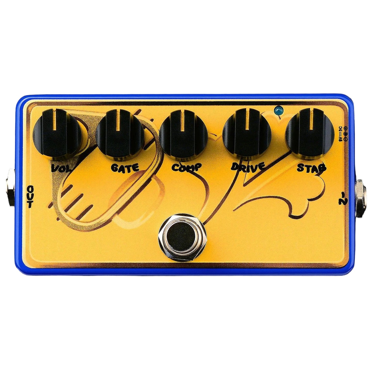 Guitar effects pedal with yellow panel and black knobs on a black background